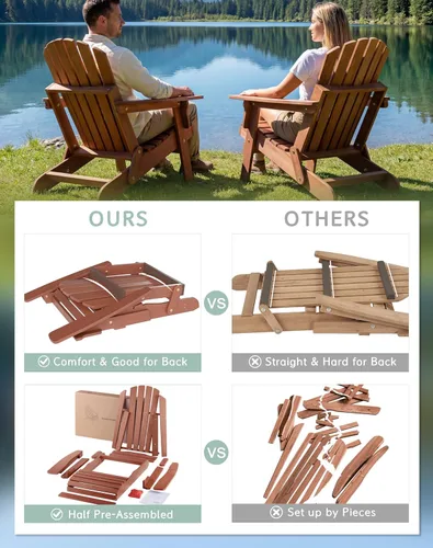 Miniatura 7 de Silla Adirondack plegable de madera de gran tamaño con respaldo y tablero de asiento premontados, silla de descanso para patio al aire libre, Marrón