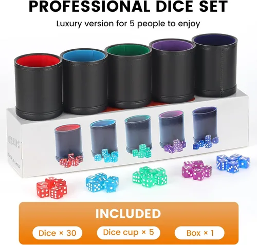 Miniatura 2 de Paquete de 5 Copas Agitadoras de Dados de Cuero PU Forradas de Fieltro de Terciopelo con 30 Dados de Puntos para Bar Fiesta Juegos de Dados Yahtzee