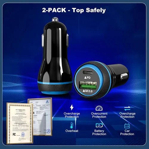 Miniatura 4 de Paquete de 2 cargadores de coche PD rápidos para iPhone 17/16/15, [USB C PD/PPS y USB A QC3.0] Adaptador de encendedor de cigarrillos de coche súper