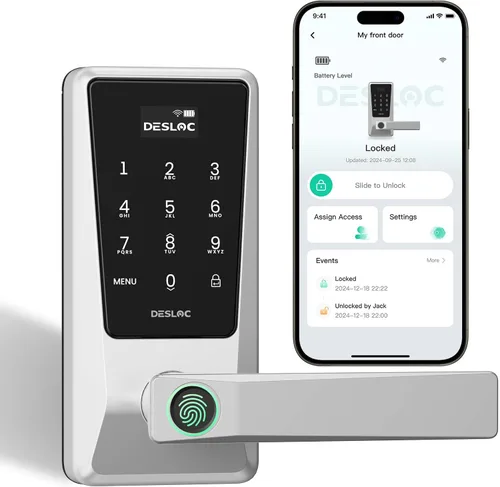 Miniatura 11 de DESLOC Cerradura inteligente D120L con asa, cerradura de teclado WiFi integrada para puerta interior, entrada sin llave 0.5S con mango de huellas