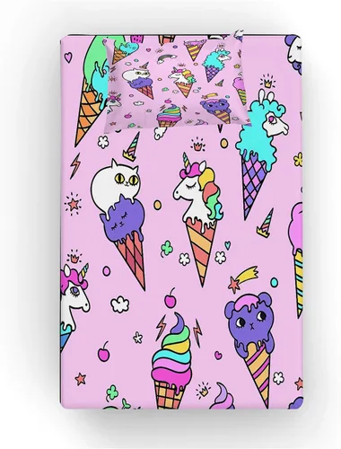 Miniatura 3 de Juego de sábanas bajeras de helado 3D de unicornio, gato, postre colorido para niños y niñas, juego de ropa de cama individual XL, 1 sábana bajera