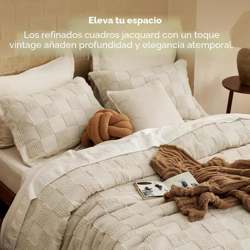 Miniatura 3 de Bedsure Juego de Edredón Tamaño Queen Beige, Juego de Cama Boho con Mechones, Ropa de Cama a Cuadros Estilo Granja Shabby Chic, 3 Piezas, 1 Edredón