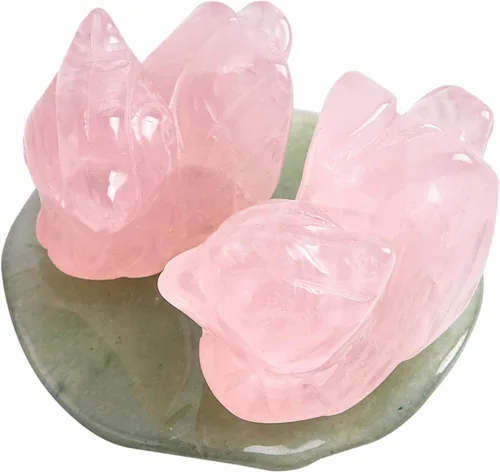 YGLINE Figura de cuarzo rosa natural con patos mandarinas, Feng Shui, pájaros amorosos en hoja de loto para amor y romance