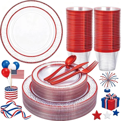 Miniatura 15 de Ciaell 350 piezas de platos de plástico transparentes con ribete dorado para 50 invitados, incluye 100 platos de plástico, 50 servilletas Claro