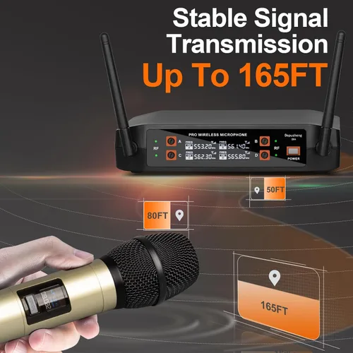 Miniatura 2 de Depusheng Micrófono inalámbrico DX4 con 4 micrófonos dinámicos UHF profesionales, sistema de micrófono de mano inalámbrico para karaoke, canto