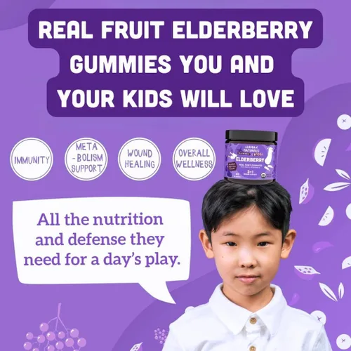Miniatura 4 de Gomitas de saúco de Sambucus de frutas enteras para niños, sin azúcar añadida, veganas, gomitas de apoyo inmunológico para niños, gomitas orgánicas