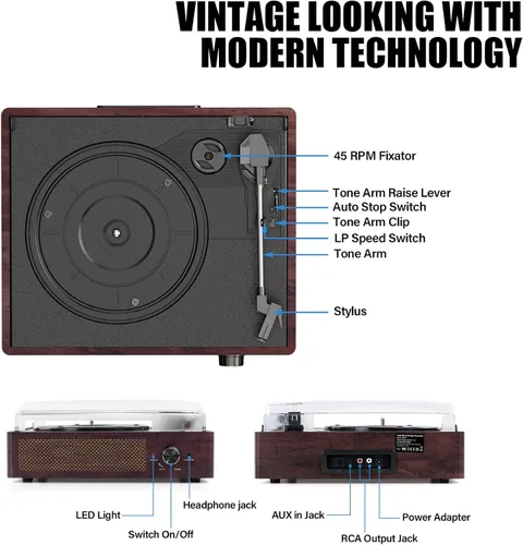 Miniatura 2 de Tocadiscos de vinilo con receptor Bluetooth incorporado y 2 altavoces estéreo, tocadiscos retro portátil de 3 velocidades y 3 tamaños para el Marrón