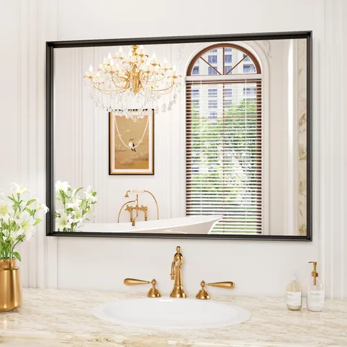 Miniatura 49 de Espejo de baño LED de 60x36 pulgadas con marco negro, espejos de baño retroiluminados y con luz frontal para pared, antiempañamiento, regulable
