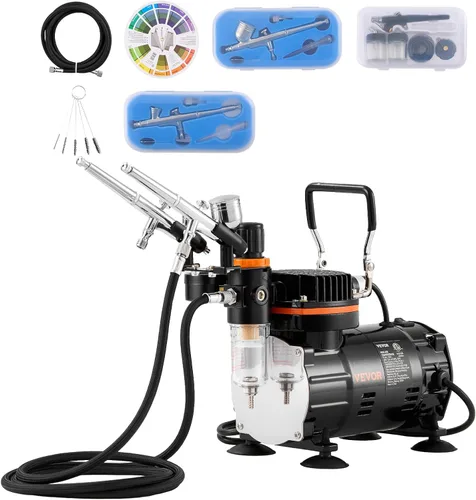 Kit de aerógrafo VEVOR, juego profesional de aerógrafo con compresor de 1/5 HP y 3 aerógrafos, kit de sistema de aerógrafo con aerógrafos de acción