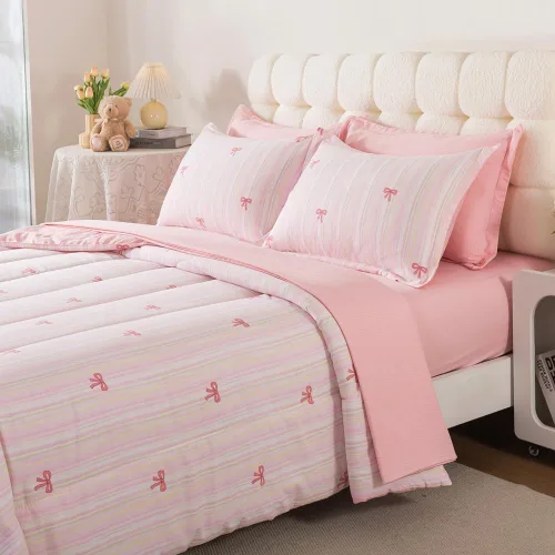 Miniatura 3 de Juego de ropa de cama de 5 piezas con lazo rosa para niñas, tamaño individual, ropa de cama Kawaii en una bolsa con sábanas de microfibra suave