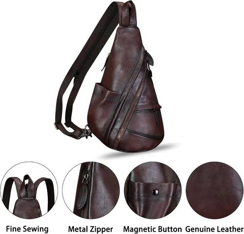 Miniatura 6 de Bolso bandolera de cuero genuino para hombres y mujeres, mochila de cuero para el pecho, bolsa cruzada de hombro
