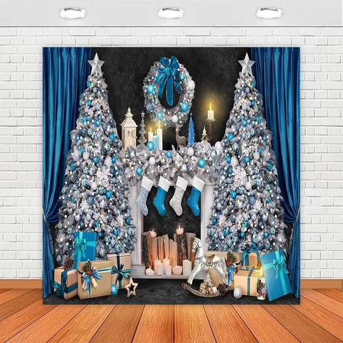 Miniatura 9 de Avezano Telón de fondo para chimenea de Navidad, cajas de regalo de juguetes, fondo de árbol de Navidad para fotografía, vintage, azul y blanco