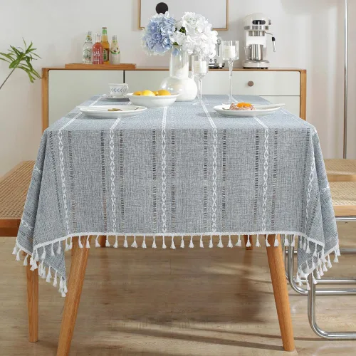 Miniatura 9 de meioro Mantel rústico, mantel rectangular de algodón texturizado de lino con borla, mantel de tela resistente para granja con bordado de rayas