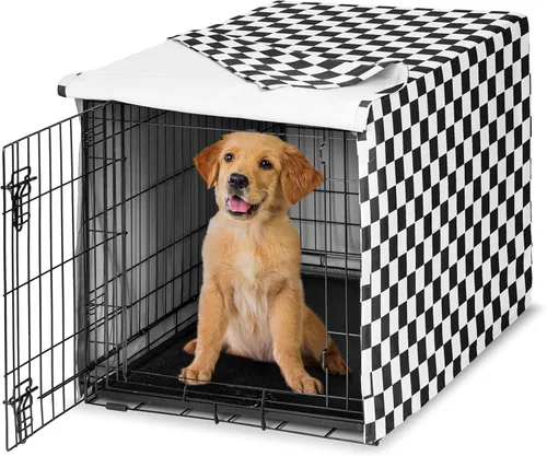 Sweet Jojo Designs Funda mediana para jaula de perro de 36 pulgadas (cuadros negros y blancos), jaula para mascotas, fundas para perreras (vintage,