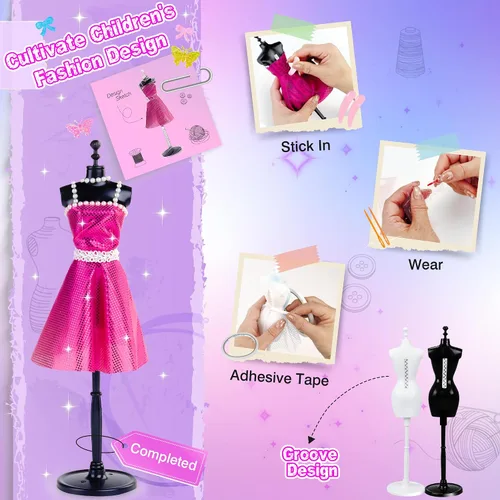Miniatura 3 de MINIFUN Kit de diseño de moda para niñas, kit de costura con 4 maniquíes, kit de manualidades y manualidades para niños, kit de fabricación de ropa