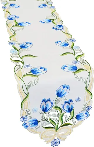 Miniatura 6 de Caminos de mesa pequeños bordados de tulipán, manteles florales de primavera para Pascua (azul, 13 x 35 pulgadas)