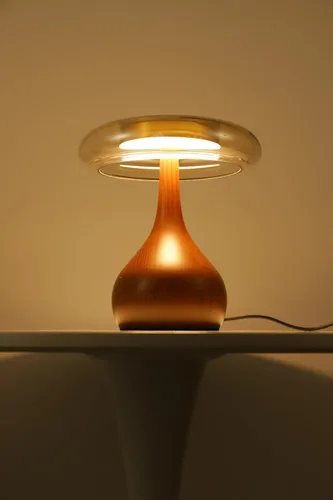 Miniatura 5 de Lámpara de mesa pequeña para dormitorio - lámpara de mesa con base de madera en forma de hongo lágrima, pantalla de vidrio ámbar, LED de tres
