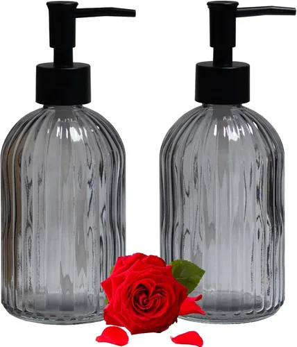 Miniatura 19 de Dispensador de jabón de vidrio verde con bomba de plástico negro, dispensador de jabón líquido para manos recargable de 12 oz, paquete de 2 botellas