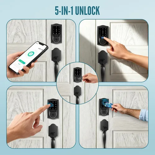 Miniatura 2 de Juego de cerraduras inteligentes para puerta delantera con huellas dactilares con asa, control remoto con aplicación WiFi integrada y guía de voz