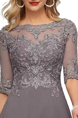 Miniatura 5 de A Line Tea Length Mother of The Bride Dress with Sleeve Half Sheer Lace Applique Chiffon Formal Evening Party Gowns for Women