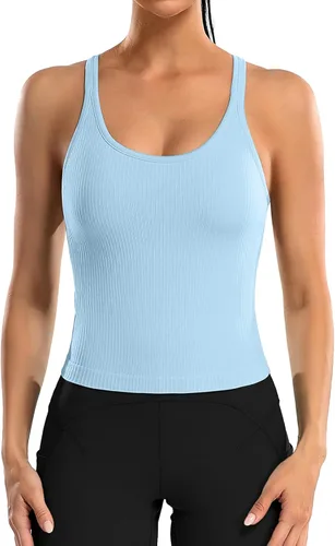 Miniatura 162 de ATTRACO Camiseta corta acanalada de entrenamiento para mujer con brasier integrado para yoga, espalda cruzada, ajuste ajustado