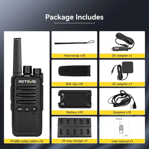 Miniatura 9 de Retevis Walkie Talkies RT68B para adultos de largo alcance, botón pulsador, cargador de 10 vías y auriculares, carga más fácil y segura, radios