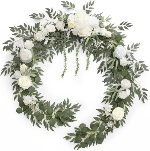 Miniatura 15 de Ling's moment Guirnalda de eucalipto y hojas de sauce de 9 pies con flor blanca, artesanal, centros de mesa para mesa de novios, decoración de mesa