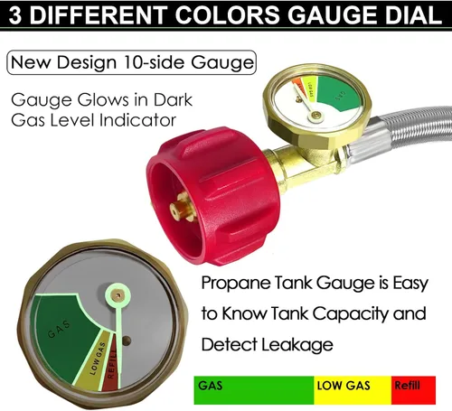 Miniatura 2 de Manguera adaptadora de propano trenzada de acero inoxidable de 12 pies con calibre, adaptador de manguera de tanque de propano convertidor de 1 lb a