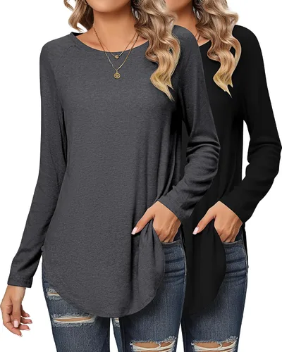 Miniatura 3 de 2 Pack Women's Long Sleeve Shirts, Loose Fit Crew Neck Tunic Tops Loose Fit Side Split Basic Pullover Tee Shirts