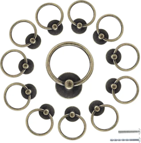 12 tiradores de cajón de anillo redondo antiguos, manijas vintage de bronce con tornillos para muebles, cocina, armario, aparador