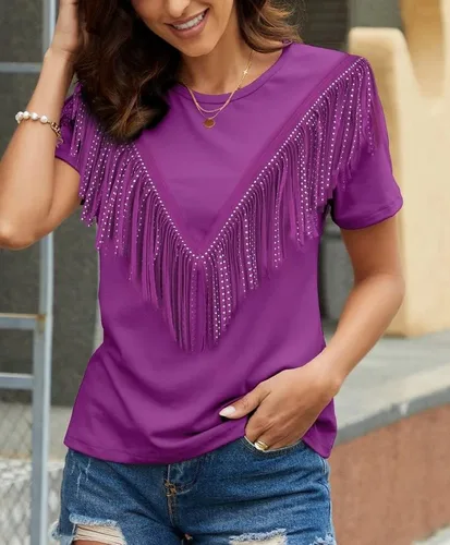 Miniatura 5 de PESION Camisas de manga corta con flecos para mujer, blusa con ribete de borlas