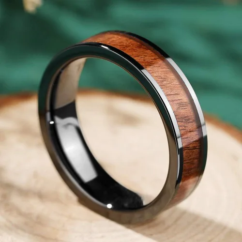 Miniatura 14 de THREE KEYS JEWELRY 6,8mm Black/White Ceramic Wedding Ring with Real Koa Wood Inlay Flat Top Wedding Band Engagement Ring Comfort Fit Size 4-16