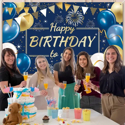 Miniatura 3 de Cartel de fondo de decoración de feliz cumpleaños, fondo de fotos para niños, niñas, hombres y mujeres, 72.8 x 43.3 pulgadas (azul marino y dorado)