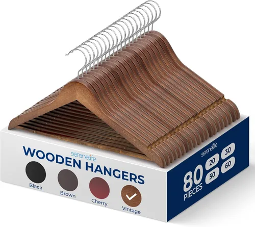 Miniatura 18 de SereneLife Paquete de 30 perchas de madera resistente – Juego de perchas de madera maciza con gancho giratorio de 360°, barra para pantalones
