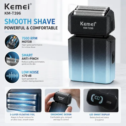 Miniatura 7 de Kemei KM-T396 - Afeitadora eléctrica para hombres con 3 cuchillas flotantes, afeitadora eléctrica inalámbrica recargable de 7500 RPM para hombre
