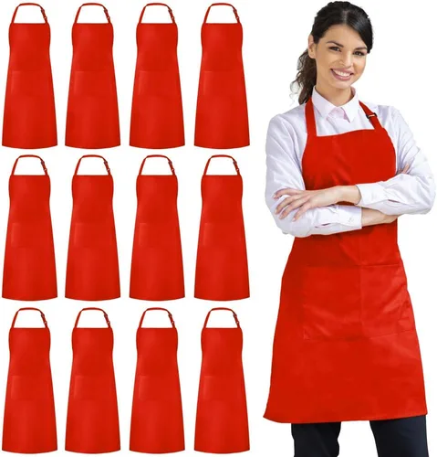 Miniatura 7 de Syntus Paquete de 12 delantales con peto, delantales unisex, ajustables, resistentes a las gotas de agua, con 2 bolsillos, delantal de cocina