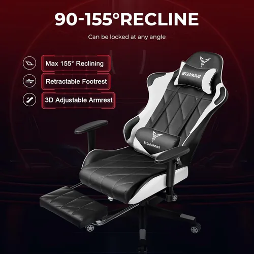 Miniatura 5 de EXRACING Silla ergonómica para videojuegos, silla de computadora con reposapiés y soporte lumbar, silla de oficina de cuero con respaldo alto Blanco