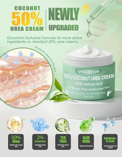 Miniatura 4 de Grocerism Crema de urea 50 por ciento para pies con coco 5.29 onzas Crema para pies y manos de máxima fuerza con 2% de ácido salicílico, árbol