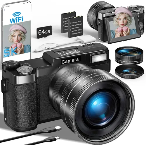 FLATIC Cámara digital con WiFi, cámaras 5K 64MP para fotografía con pantalla giratoria de 180° para YouTube, cámara de videoblogs con enfoque