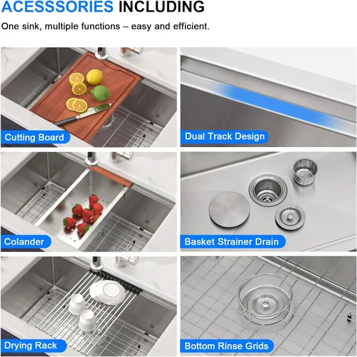 Miniatura 7 de Fregadero de cocina de 28 pulgadas con estación de trabajo, instalación por debajo de la encimera, de acero inoxidable de calibre 16, cuenco grande