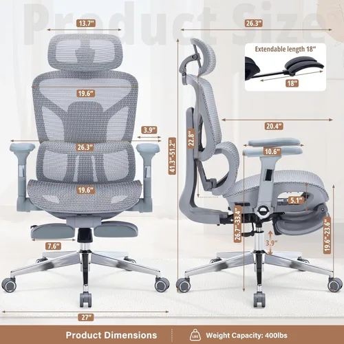 Miniatura 2 de Silla de oficina ergonómica con reposapiés, silla de escritorio de malla resistente de 400 libras, reposabrazos 5D, lumbar 3D, respaldo de 5 Gris