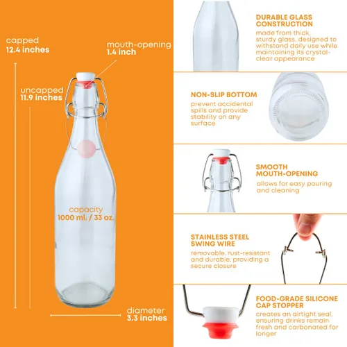Miniatura 3 de FastRack Botellas de vidrio con tapa oscilante, 33 onzas, paquete de 8, botellas de vidrio transparentes con tapa abatible para elaboración casera