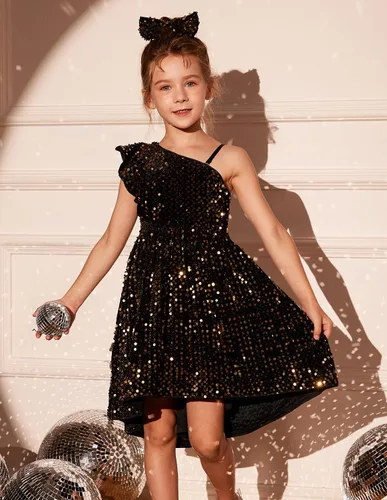 Miniatura 3 de GRACE KARIN Vestido de lentejuelas de un hombro para niñas, vestido de fiesta alto y bajo para 5-14 años