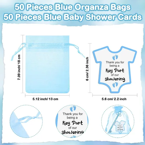 Miniatura 3 de Geyoga 50 juegos de recuerdos de fiesta de baby shower, 50 bolígrafos elegantes con forma de llave, bolígrafos de tinta de gel, 50 tarjetas de Azul