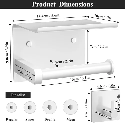 Miniatura 3 de Tindbea Soporte de papel higiénico con estante para teléfono + ganchos para toallas, dispensador adhesivo o con tornillos montado en la pared