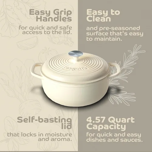 Miniatura 4 de Segretto Cookware Olla Holandesa de Hierro Fundido Esmaltado con Tapa 4.57 Cuartos, Bianco Perla (Blanco Hueso) Horno Holandés Esmaltado Blanco