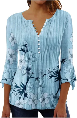 Miniatura 30 de Ceboyel Blusa tipo túnica con estampado floral para mujer, con botones, estilo Henley, con manga de codo, casual, trajes de moda para mujer