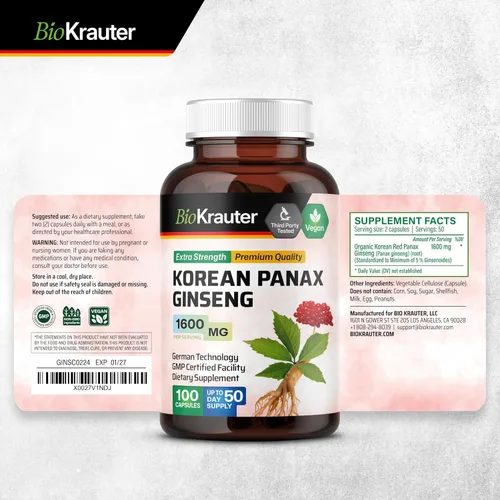 Miniatura 9 de BIO KRAUTER® Suplemento de ginseng para energía, concentración, rendimiento y apoyo inmunológico, ginseng rojo coreano vegano puro, 1600 mg por