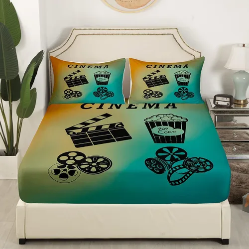 Miniatura 3 de Sábana bajera ajustable de cine tamaño individual, sábanas vintage para niños, niñas y adultos, juego de ropa de cama de palomitas de maíz