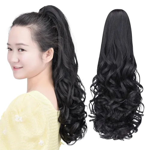 Miniatura 20 de Extensión de cola de caballo negra con clip de garra, ondulada, 10 pulgadas, 3.5 onzas, sintético, como verdaderos, postizos, para mujer, Yaki